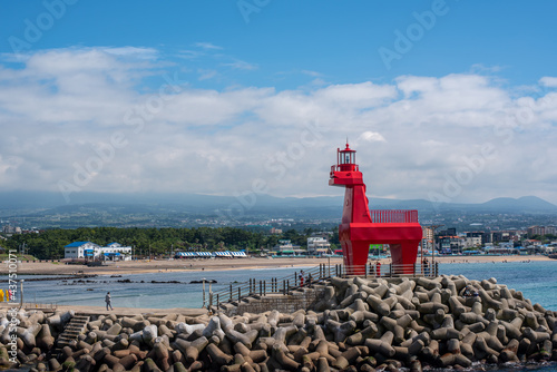 Horse-shaped lighthouse on the beach in Jeju Island