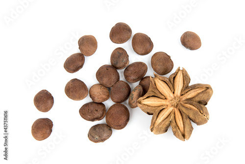 Dried sacha inchi fruits and seeds isolated on white background.top view,flat lay.