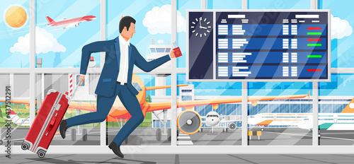 Man with Travel Bag. Tourist with Suitcase, Briefcase, Running to Airport. Businessman with Luggage. Business Man with Baggage, Passport and Ticket. Business Flight. Flat Vector Illustration