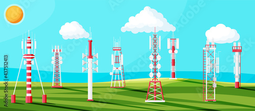 Transmission Cellular Tower Antenna Landscape. Network Broadcast Equipment Isolated. Broadcasting, Internet, Television Cell Station. 4G 5G. Satellite Communication Antenna. Flat Vector Illustration