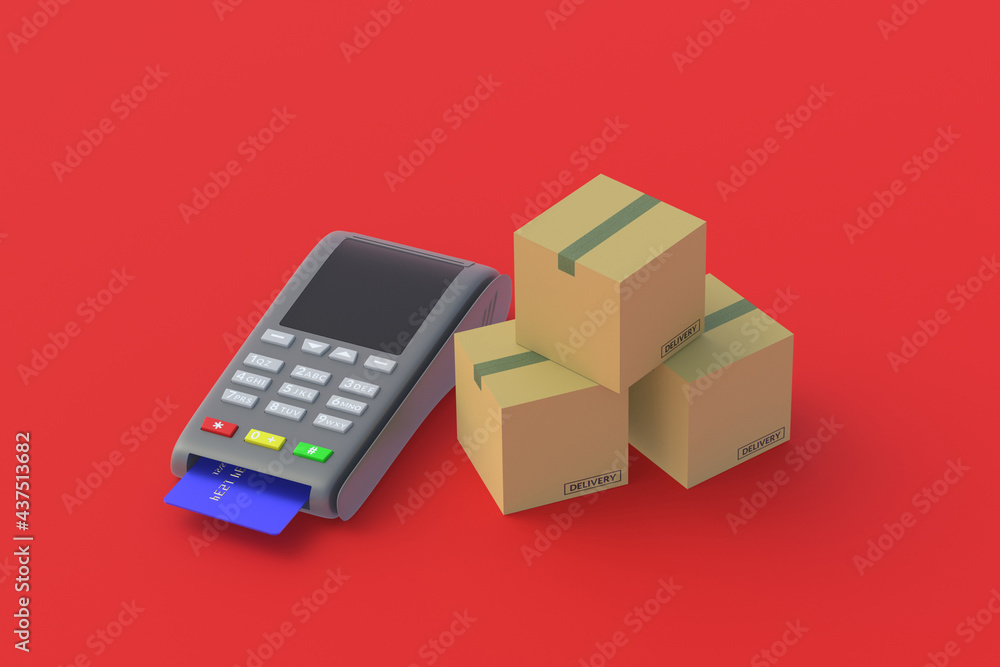 Obraz premium Compact cash register with a plastic card near cardboard boxes. Cashless payment for delivery of parcel. Instant transactions for transportation of goods. Wholesale and retail purchases. 3d render