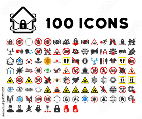 100 covid isolation icons in flat style. 100 covid isolation icons is a vector icon set with quarantine, coronavirus, healthcare protection, treatment, medical safety images. These simple pictograms