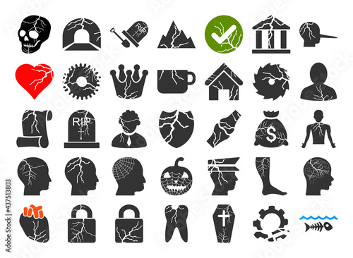 35 decay icons in flat style. 35 decay icons is a vector icon set of destruction, damage, corruption, rotting, corrosion process. These simple symbols designed for historic purposes. 35 decay icons on