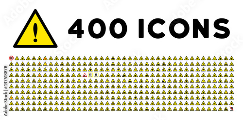 400 accident warning icons in flat style. 400 accident warning icons is a vector icon set of danger, advice, important, trouble, warning, hazard symbols. These simple pictograms designed for safety
