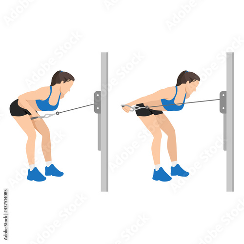 Woman doing Cable triceps kickbacks exercise. Flat vector illustration isolated on white background
