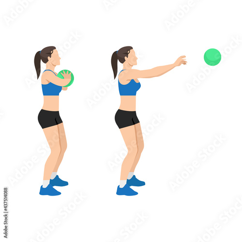 Woman doing Medicine ball chest pass exercise. Flat vector illustration isolated on white background