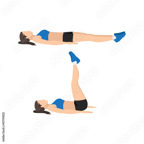 Woman doing Lying leg raises. Lifts exercise. Flat vector illustration isolated on white background