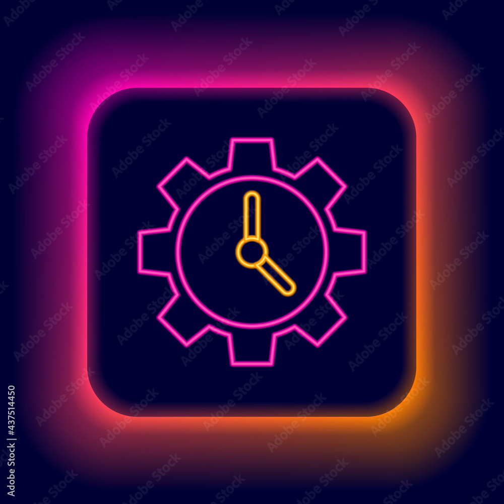 Glowing neon line Time Management icon isolated on black background. Clock and gear sign. Productivity symbol. Colorful outline concept. Vector Glowing neon line Time Management icon isolated on black background. Clock and gear sign. Productivity symbol. Colorful outline concept. Vector