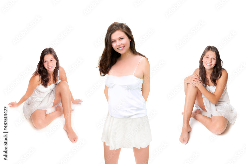 Three portraits of a beautiful young smiling woman wearing a summer top and a short skirt, in front of white studio background Three portraits of a beautiful young smiling woman wearing a summer top and a short skirt, in front of white studio background