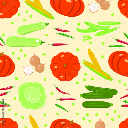 Fototapeta Naklejka Na Ścianę i Meble -  Vegetables harvest seamless vector pattern. Different types of vegetables in a flat style on a beige background. Background for design, wallpaper, fabric, packaging.