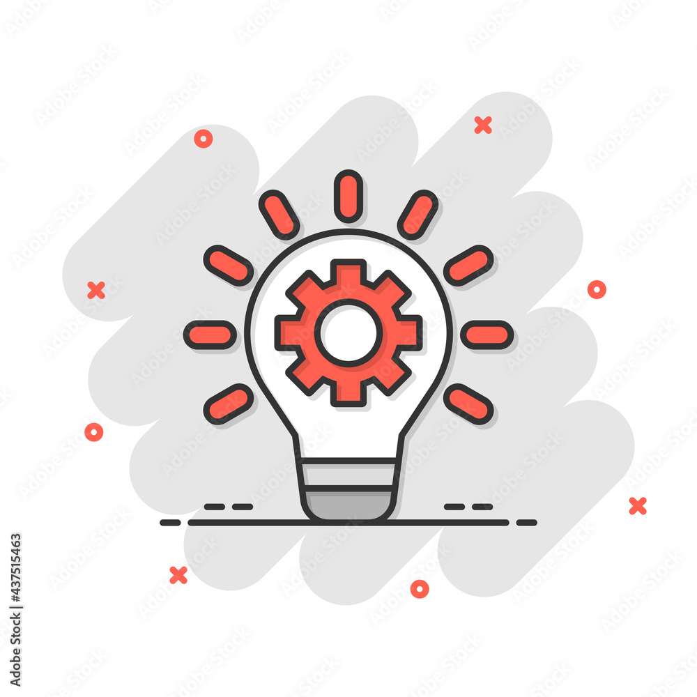 Innovation icon in comic style. Lightbulb with cogwheel cartoon vector illustration on white isolated background. Idea splash effect business concept.