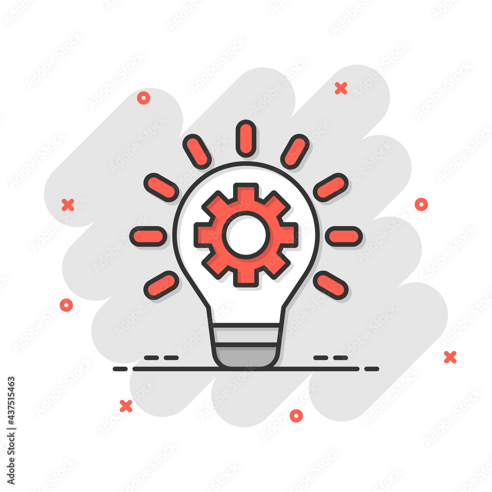 Fototapeta premium Innovation icon in comic style. Lightbulb with cogwheel cartoon vector illustration on white isolated background. Idea splash effect business concept.