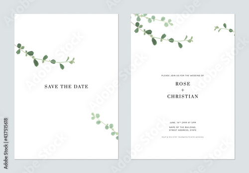 Minimalist foliage wedding invitation card template design, green Siamese rough bush leaves on white