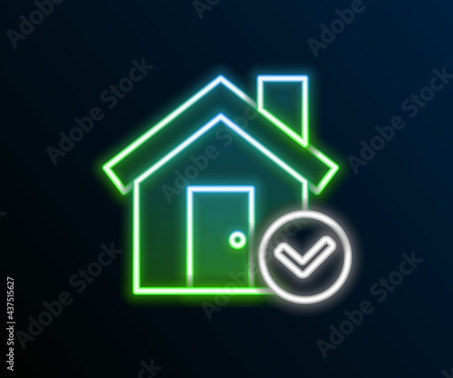 Glowing neon line House with check mark icon isolated on black background. Real estate agency or cottage town elite class. Colorful outline concept. Vector