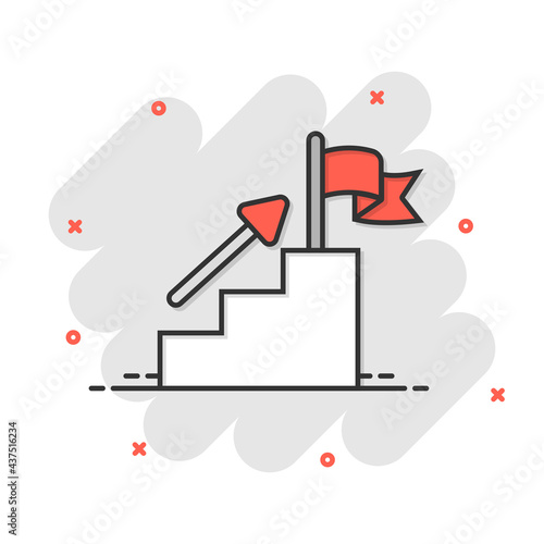 Stair with finish flag icon in comic style. Leadership challenge cartoon vector illustration on white background. Career growth splash effect business concept.
