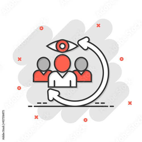 People surveillance icon in comic style. Search human cartoon vector illustration on white background. Partnership splash effect business concept.