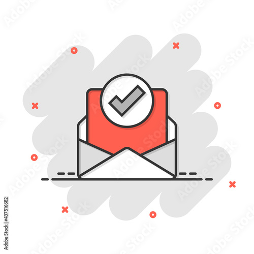 Envelope with confirmed document icon in comic style. Verify cartoon vector illustration on white isolated background. Receive splash effect business concept.