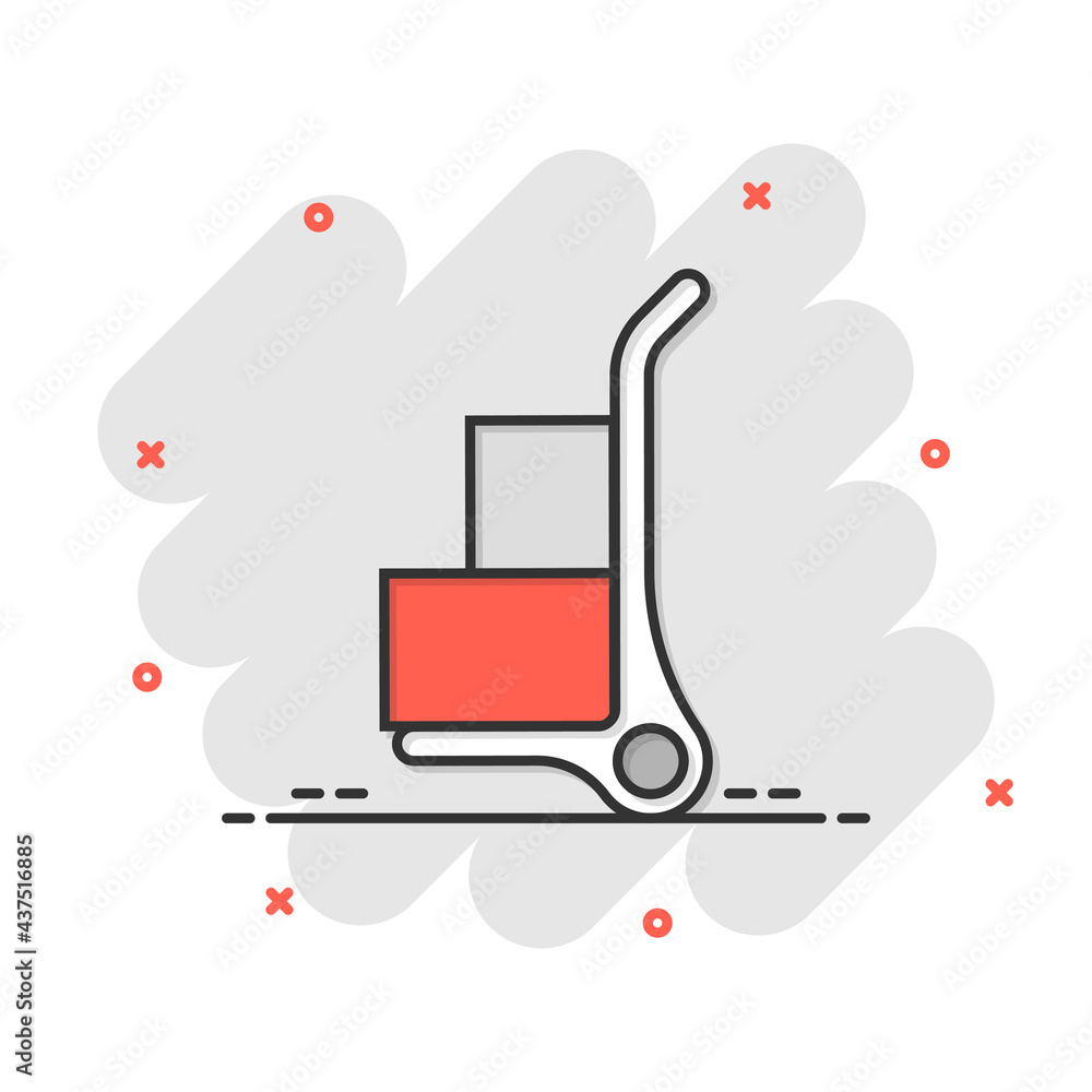 Obraz premium Cargo trolley icon in comic style. Delivery box cartoon vector illustration on white isolated background. Box shipping splash effect business concept.