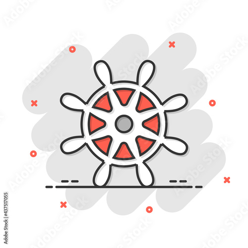 Helm wheel icon in comic style. Navigate steer cartoon vector illustration on white isolated background. Ship drive splash effect business concept.