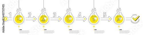 Infographic timeline with lamp light bulbs icons. 5 steps idea journey path concept of business project process. Infographic path timeline. Business journey money goal. Continuous line bulbs. Vector