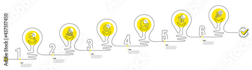 Continuous line timeline with lamp light bulbs icons. 6 steps idea journey path of business project process. Infographic path timeline. Business journey goal. Continuous line growth chart. Vector photo