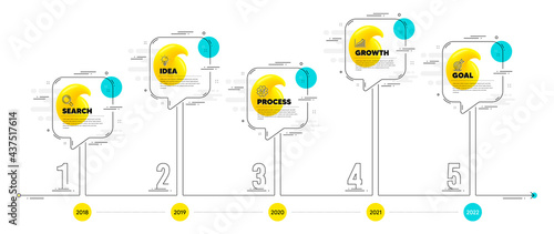 Timeline infographic diagram with numbers. Quote mark speech bubble banners. Quotation dialog message icon. Timeline workflow diagram with 5 steps numbers. Idea icon, Growth chart, Goal target. Vector