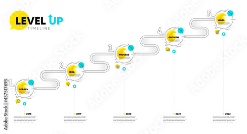Level up timeline. Roadmap journey 5 steps. Research idea, growth chart and goal target icons. Presentation timeline with quote speech bubbles. Infographic roadmap diagram with 5 steps numbers. Vector
