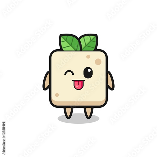 cute tofu character in sweet expression while sticking out her tongue
