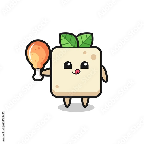 tofu cute mascot is eating a fried chicken