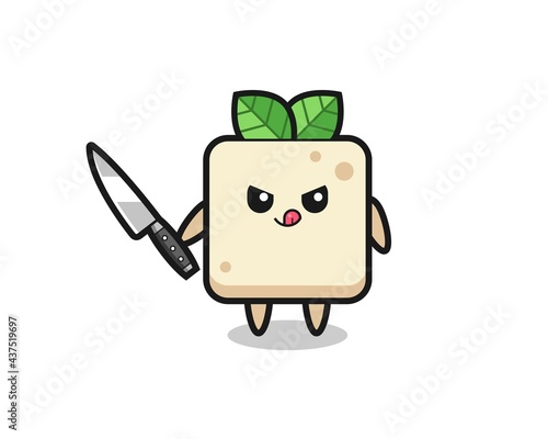 cute tofu mascot as a psychopath holding a knife