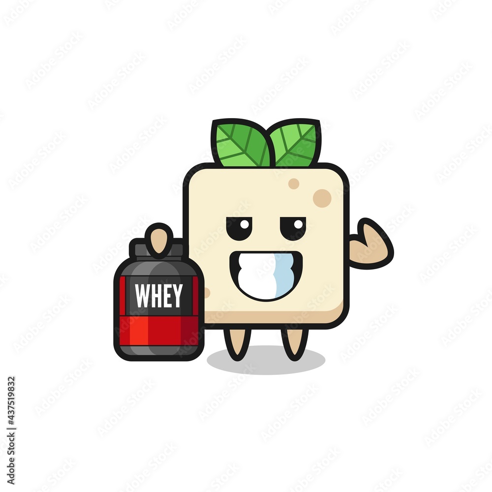 Fototapeta premium the muscular tofu character is holding a protein supplement