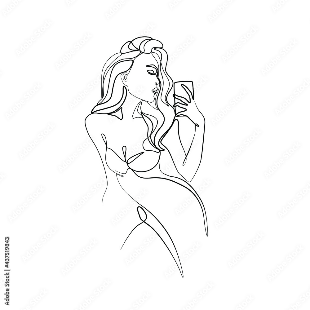 Girl taking selfie, woman holding phone in hand, continuous line drawing, small tattoo, print for clothes and logo design, emblem or logo design, isolated vector illustration. Girl taking selfie, woman holding phone in hand, continuous line drawing, small tattoo, print for clothes and logo design, emblem or logo design, isolated vector illustration.