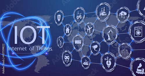 The concept of connecting devices using IOT technology. ICT (Information Communication Technology) IoT and cryptocurrencies, fintech concept, composition with planet. Communication network concept