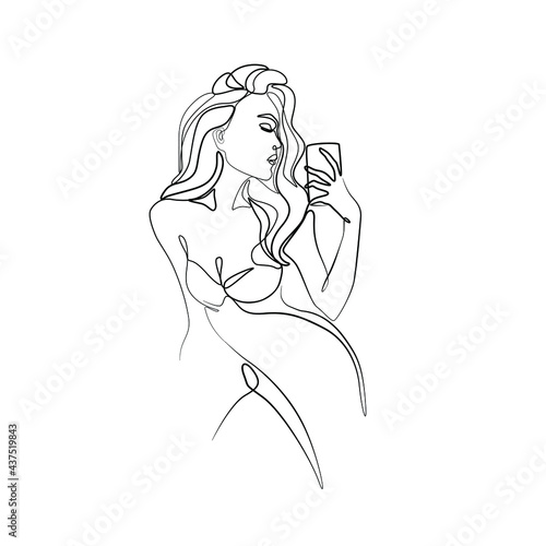 Girl taking selfie, woman holding phone in hand, continuous line drawing, small tattoo, print for clothes and logo design, emblem or logo design, isolated vector illustration.