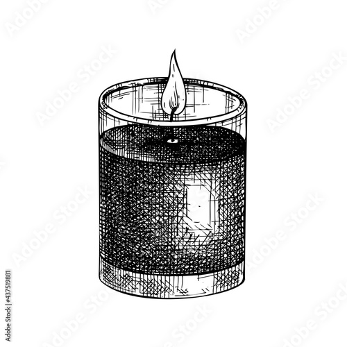 Hand-sketched aromatic candle illustration,. Vector sketch of burning paraffin candle. For aromatherapy, hygge home or holiday decoration, meditation. Vintage design element