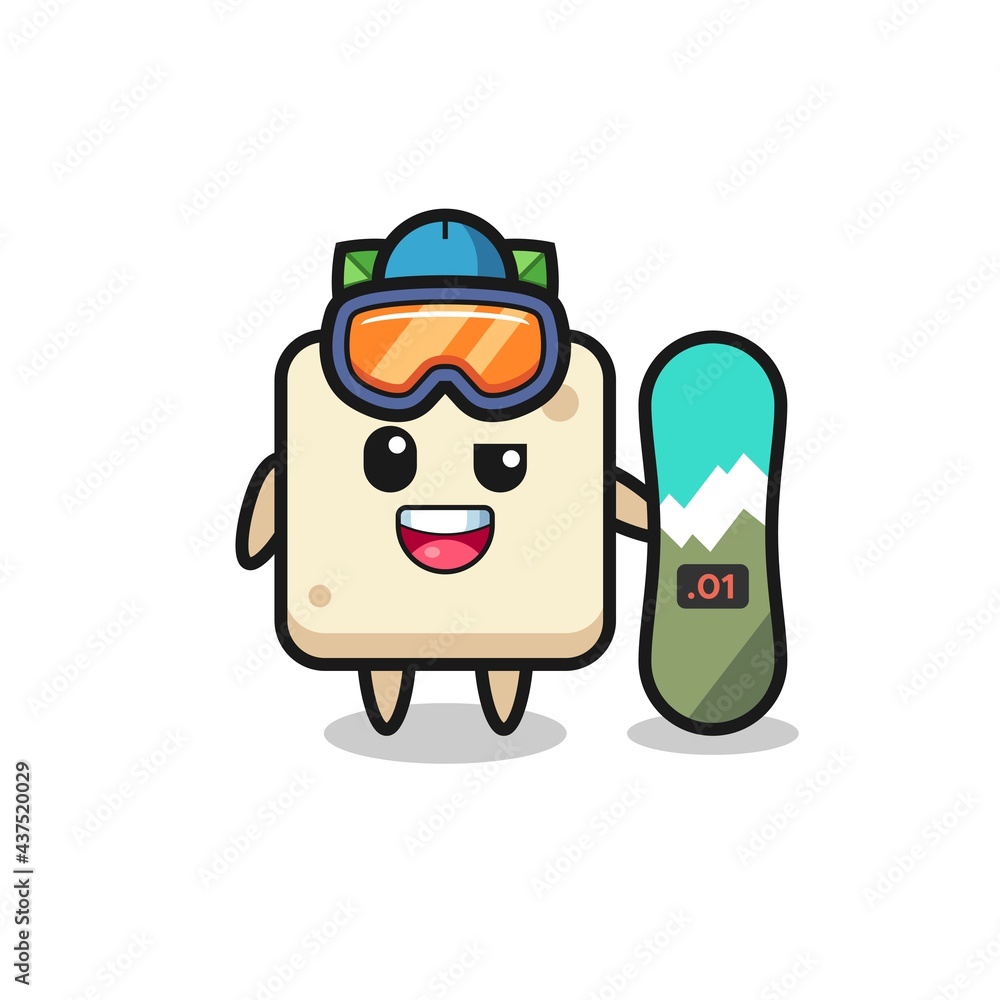 Illustration of tofu character with snowboarding style