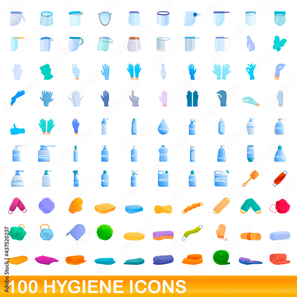 100 hygiene icons set. Cartoon illustration of 100 hygiene icons vector set isolated on white background 100 hygiene icons set. Cartoon illustration of 100 hygiene icons vector set isolated on white background