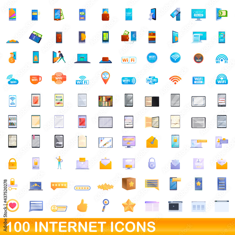 100 internet icons set. Cartoon illustration of 100 internet icons vector set isolated on white background 100 internet icons set. Cartoon illustration of 100 internet icons vector set isolated on white background
