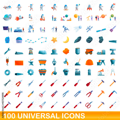 100 universal icons set. Cartoon illustration of 100 universal icons vector set isolated on white background