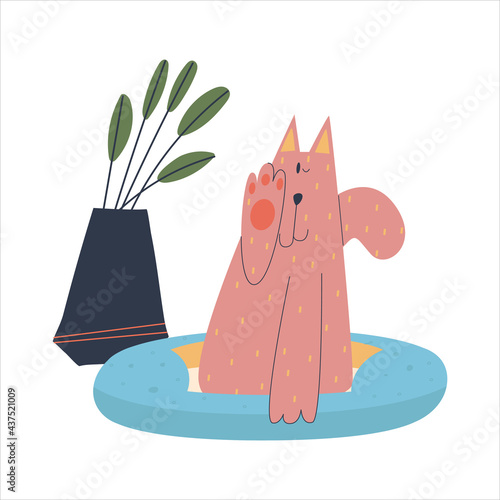 Cat sitting in a cot near a house flower. Vector flat isolated illustration. 