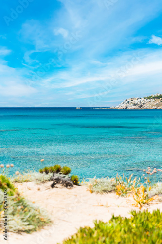  Focus in the Background  Stunning view of a blurred coastline bathed by a turquoise  clear sea. Rena Majore is a small seaside village that s located south of Santa Teresa Gallura  Sardinia  Italy.
