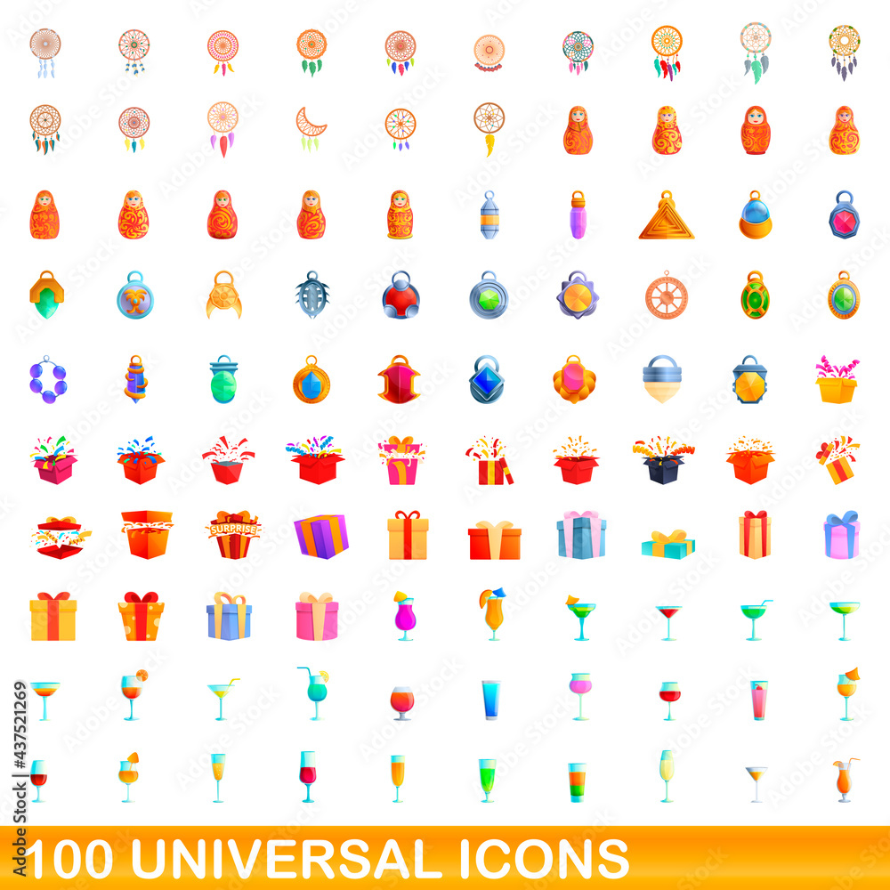 Fototapeta premium 100 universal icons set. Cartoon illustration of 100 universal icons vector set isolated on white background