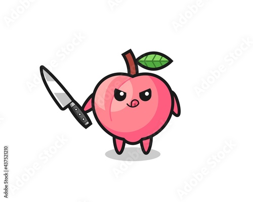 cute peach mascot as a psychopath holding a knife