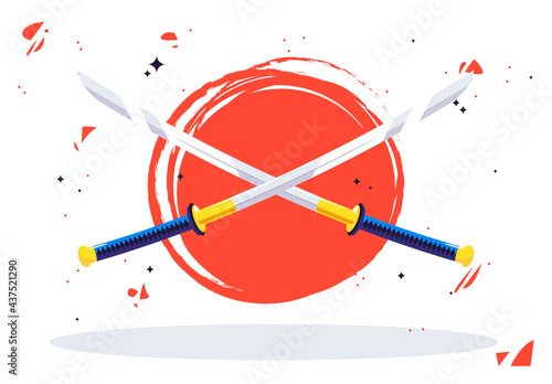 Vector illustration of two Japanese samurai swords on the background of the red sun of the flag of Japan, katana