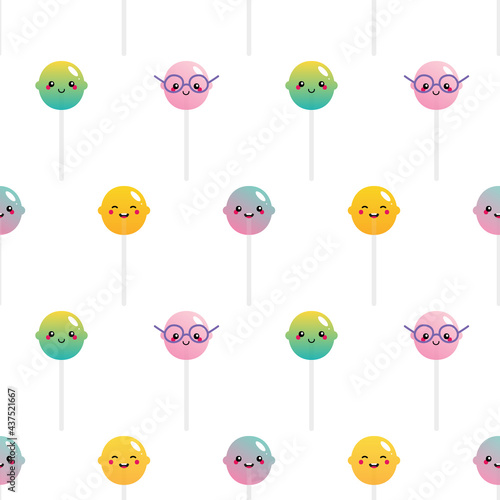 Cartoon style colorful lollipops, sugar candy on stick characters vector seamless pattern background for confectionery design.