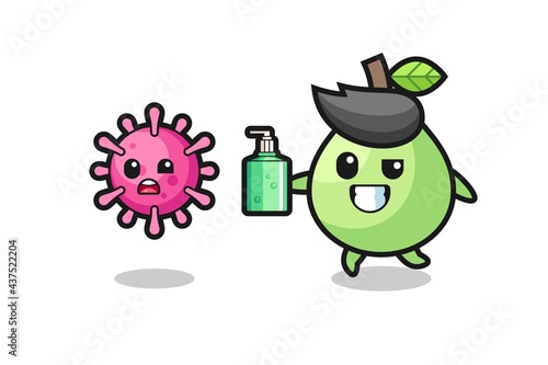 illustration of guava character chasing evil virus with hand sanitizer