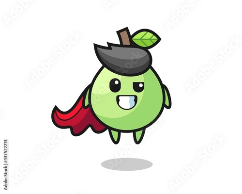the cute guava character as a flying superhero