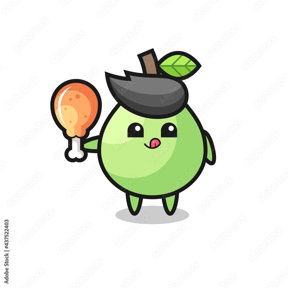 guava cute mascot is eating a fried chicken guava cute mascot is eating a fried chicken