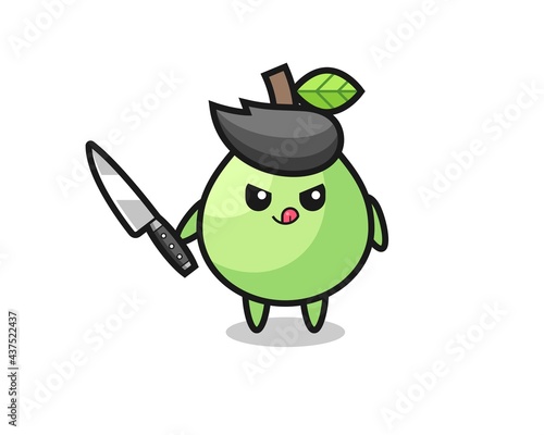 cute guava mascot as a psychopath holding a knife