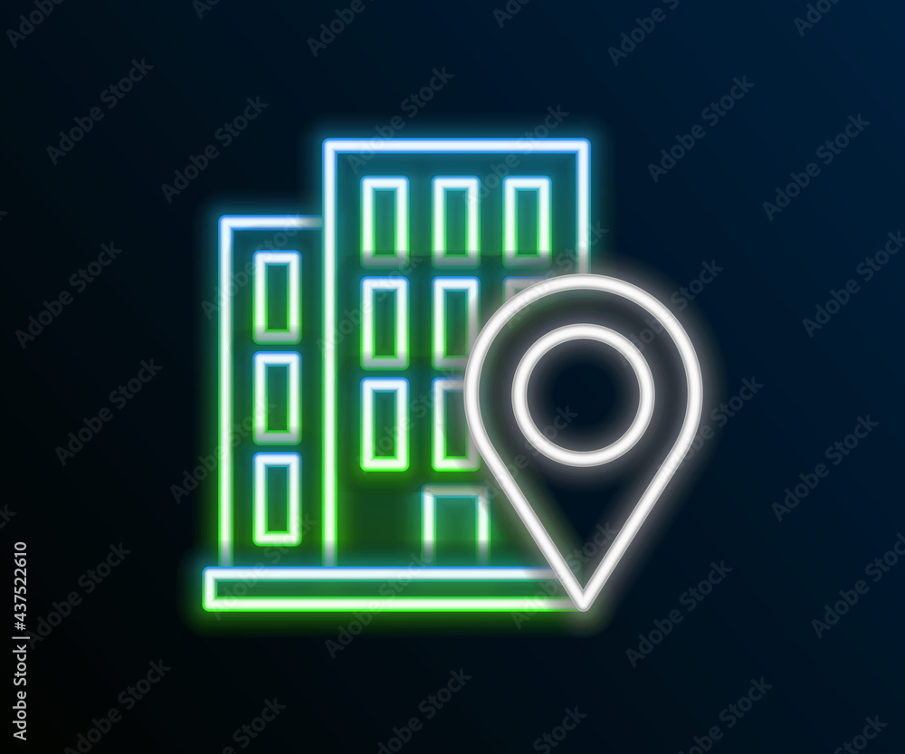 Glowing neon line Map pointer with house icon isolated on black background. Home location marker symbol. Colorful outline concept. Vector Glowing neon line Map pointer with house icon isolated on black background. Home location marker symbol. Colorful outline concept. Vector
